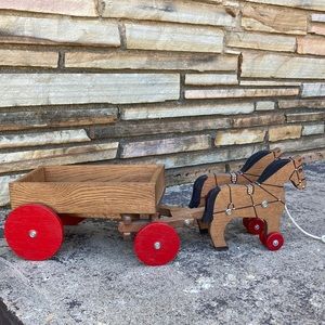 Vintage EUC Wooden 2 Horses & Wagon Pull Toy